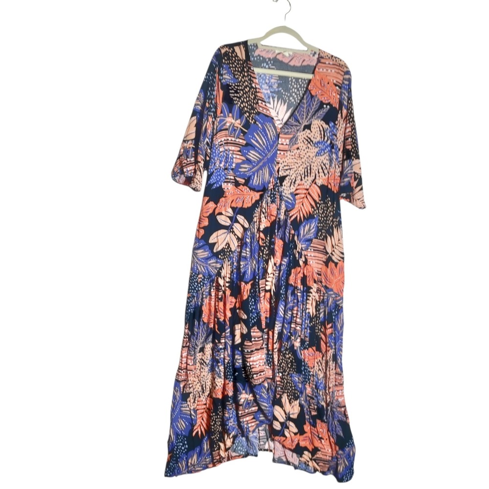 Loralette Tropical Leaf Print V-Neck Maxi Dress Blue Orange Plus 18/20